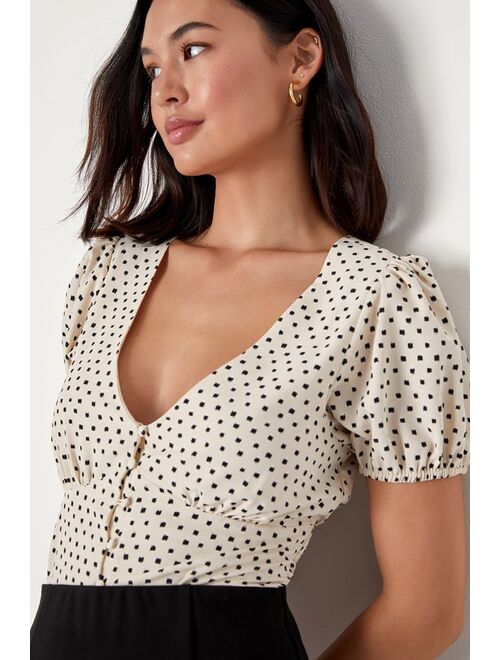 Lulus Delightful Arrival Cream Dot Print Button-Front Bodysuit