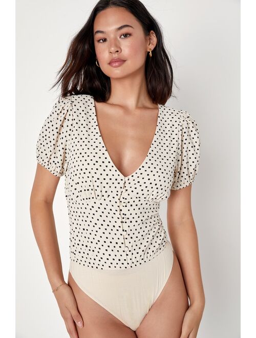 Lulus Delightful Arrival Cream Dot Print Button-Front Bodysuit