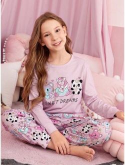 Tween Girl Cartoon & Letter Graphic Tee & Pants PJ Set