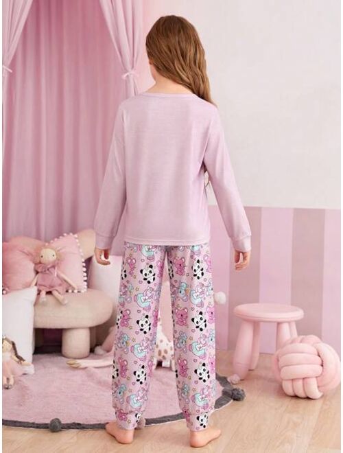 SHEIN Tween Girl Cartoon & Letter Graphic Tee & Pants PJ Set