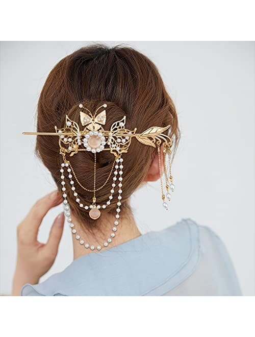 Aswewamt 2 Pcs Butterfly Tassel Chinese Hair Sticks Gold Hanfu Pins Pearl Flower Hair Pins Vintage Classical Sticks Long Tassel Chinese Hair Jewelry Accessories