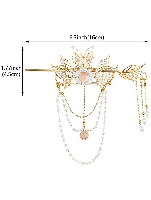 Aswewamt 2 Pcs Butterfly Tassel Chinese Hair Sticks Gold Hanfu Pins Pearl Flower Hair Pins Vintage Classical Sticks Long Tassel Chinese Hair Jewelry Accessories