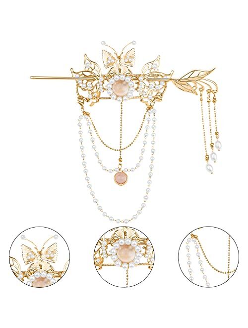 Aswewamt 2 Pcs Butterfly Tassel Chinese Hair Sticks Gold Hanfu Pins Pearl Flower Hair Pins Vintage Classical Sticks Long Tassel Chinese Hair Jewelry Accessories