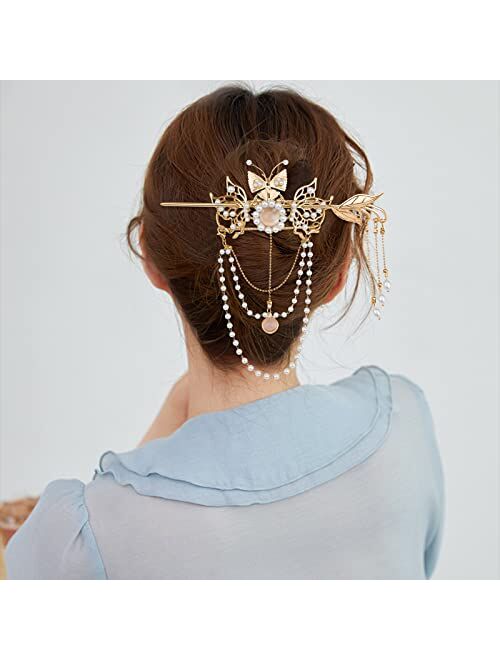 Aswewamt 2 Pcs Butterfly Tassel Chinese Hair Sticks Gold Hanfu Pins Pearl Flower Hair Pins Vintage Classical Sticks Long Tassel Chinese Hair Jewelry Accessories