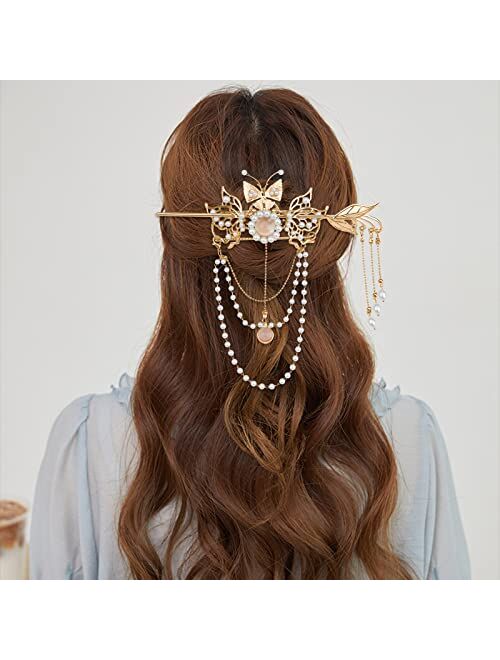 Aswewamt 2 Pcs Butterfly Tassel Chinese Hair Sticks Gold Hanfu Pins Pearl Flower Hair Pins Vintage Classical Sticks Long Tassel Chinese Hair Jewelry Accessories