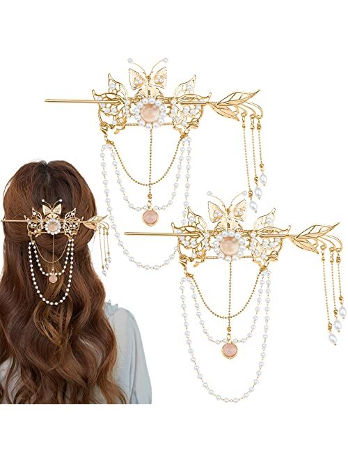 Aswewamt 2 Pcs Butterfly Tassel Chinese Hair Sticks Gold Hanfu Pins Pearl Flower Hair Pins Vintage Classical Sticks Long Tassel Chinese Hair Jewelry Accessories