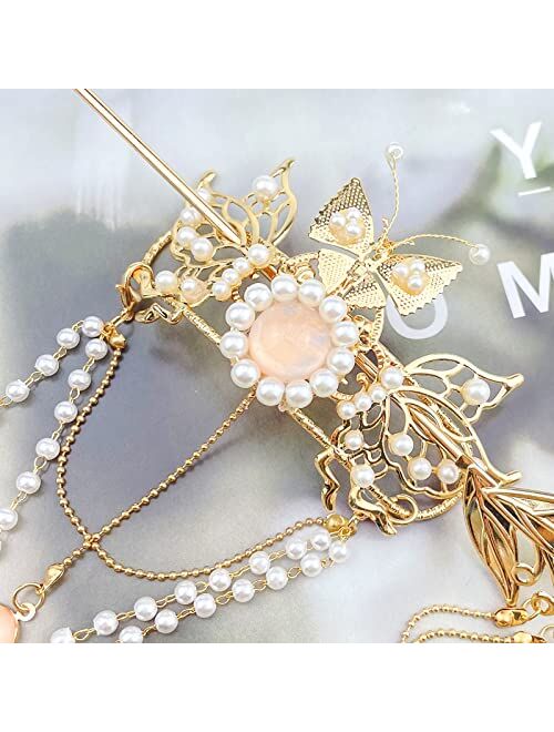 Aswewamt 2 Pcs Butterfly Tassel Chinese Hair Sticks Gold Hanfu Pins Pearl Flower Hair Pins Vintage Classical Sticks Long Tassel Chinese Hair Jewelry Accessories