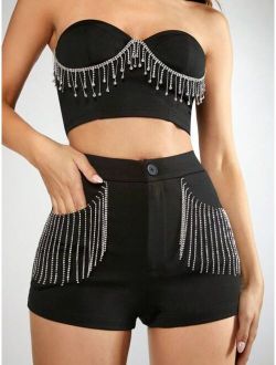 SHEIN BAE Rhinestone Fringe Trim Pocket Patched Shorts