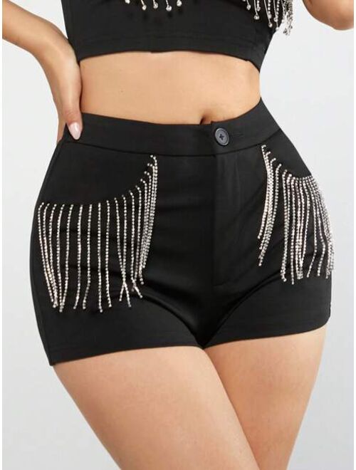 SHEIN BAE Rhinestone Fringe Trim Pocket Patched Shorts