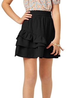 FSHAOES Girl's Layered Ruffled Asymmetric Hem Elastic Waist Mini Skirt Summer 4-14 Years