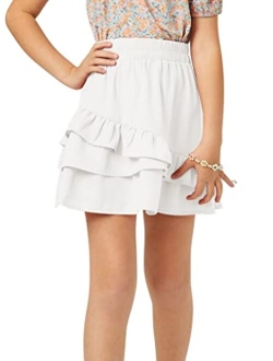 FSHAOES Girl's Layered Ruffled Asymmetric Hem Elastic Waist Mini Skirt Summer 4-14 Years