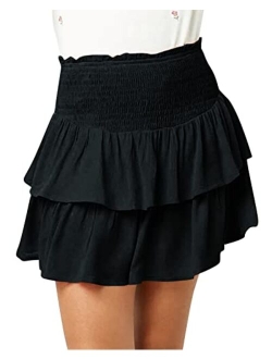 Newffr Girls Smocked Ruffle Mini Skirts Cute High Elastic Waisted Tiered Short Skirt with Shorts Underneath