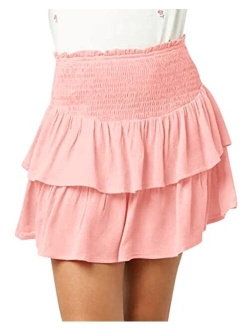 Newffr Girls Smocked Ruffle Mini Skirts Cute High Elastic Waisted Tiered Short Skirt with Shorts Underneath