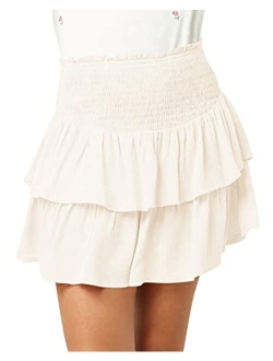 Newffr Girls Smocked Ruffle Mini Skirts Cute High Elastic Waisted Tiered Short Skirt with Shorts Underneath