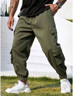 Extended Sizes Men Flap Pocket Side Drawstring Waist Cargo Pants