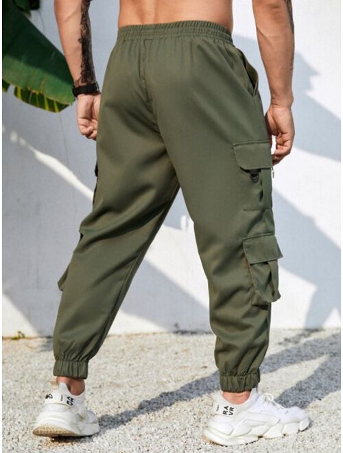 Extended Sizes Men Flap Pocket Side Drawstring Waist Cargo Pants