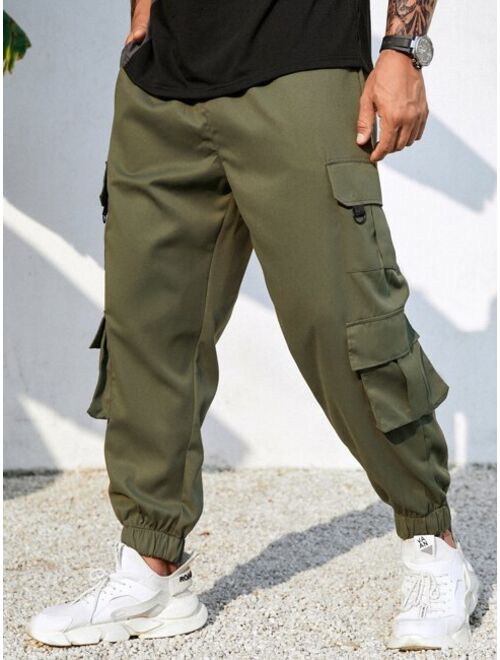 Extended Sizes Men Flap Pocket Side Drawstring Waist Cargo Pants