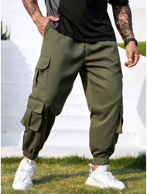 Extended Sizes Men Flap Pocket Side Drawstring Waist Cargo Pants