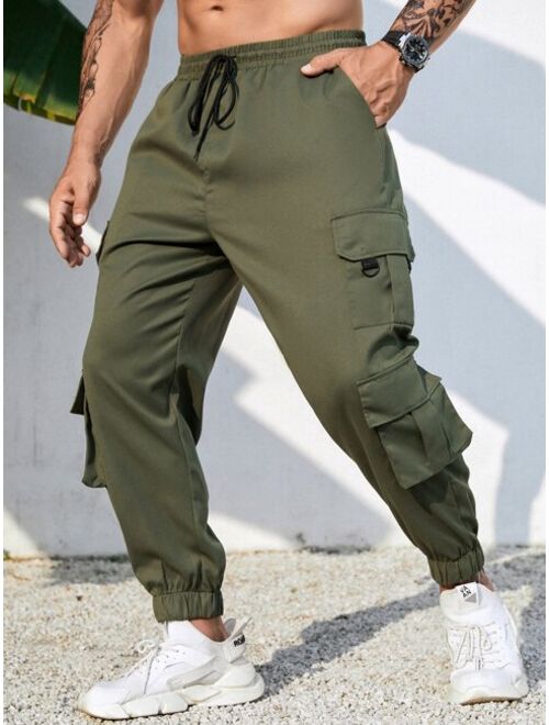 Extended Sizes Men Flap Pocket Side Drawstring Waist Cargo Pants