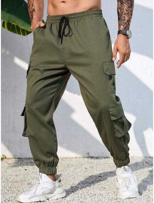 Extended Sizes Men Flap Pocket Side Drawstring Waist Cargo Pants