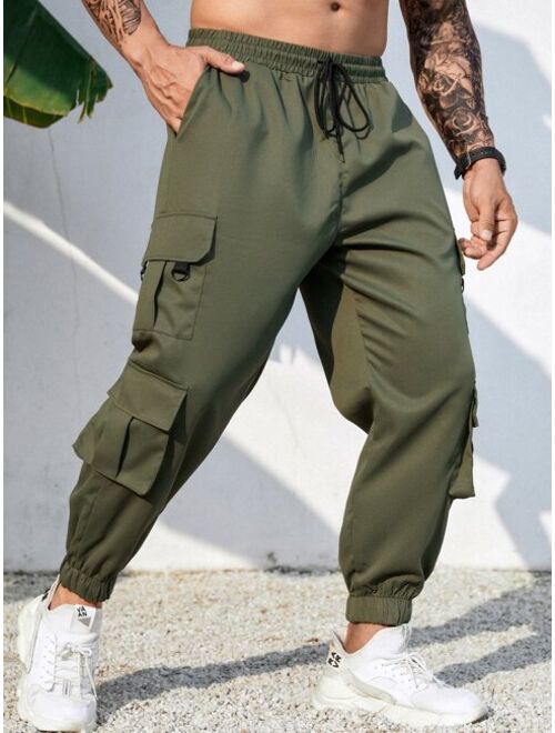 Extended Sizes Men Flap Pocket Side Drawstring Waist Cargo Pants