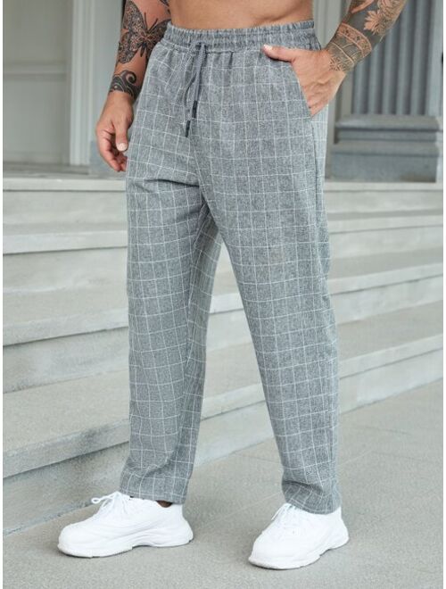 Extended Sizes Men Grid Print Drawstring Waist Pants