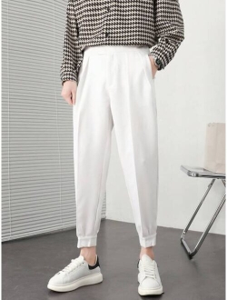 Men Slant Pocket Fold Pleated Tailored Pants