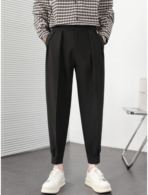 Men Slant Pocket Fold Pleated Tailored Pants