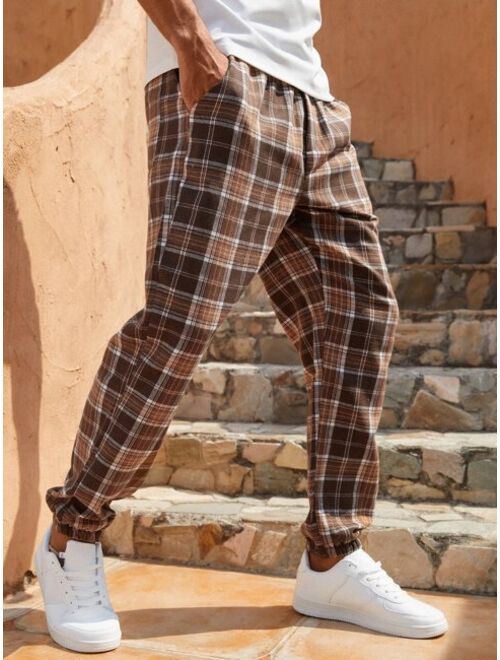 Manfinity Homme Men Cotton Plaid Print Drawstring Waist Pants