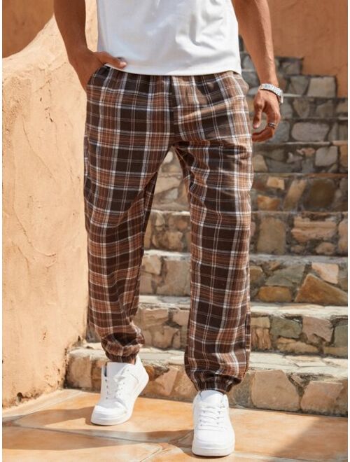 Manfinity Homme Men Cotton Plaid Print Drawstring Waist Pants