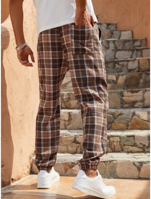 Manfinity Homme Men Cotton Plaid Print Drawstring Waist Pants