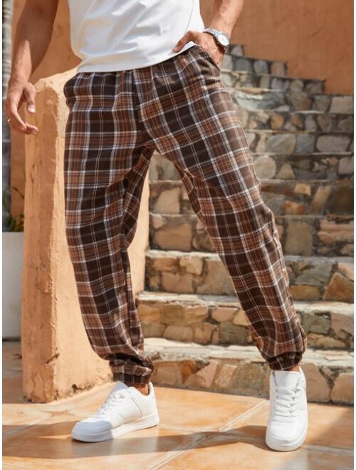 Manfinity Homme Men Cotton Plaid Print Drawstring Waist Pants