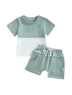 LIOMENGZI Infant Baby Boys Summer Color Block Clothes Sets Outfits Short T Shirt Elastic Striped Shorts Set Toddler Clothes