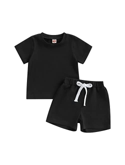 LIOMENGZI Infant Baby Boys Summer Color Block Clothes Sets Outfits Short T Shirt Elastic Striped Shorts Set Toddler Clothes