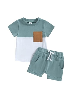 LIOMENGZI Infant Baby Boys Summer Color Block Clothes Sets Outfits Short T Shirt Elastic Striped Shorts Set Toddler Clothes