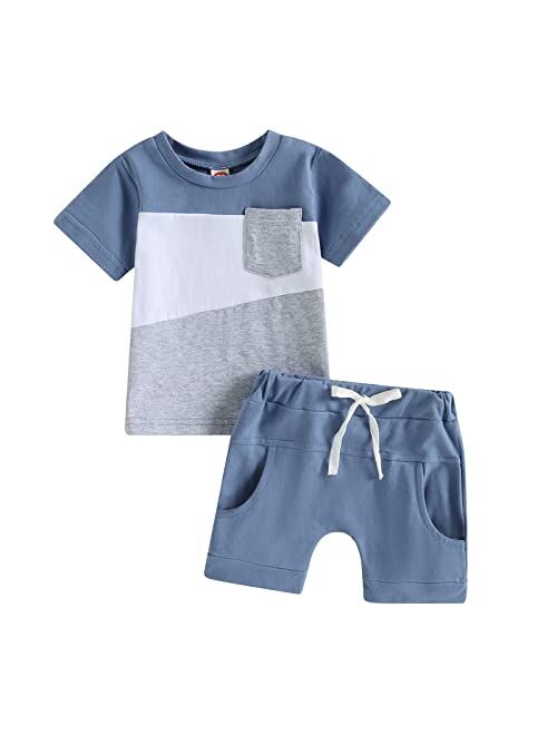 LIOMENGZI Infant Baby Boys Summer Color Block Clothes Sets Outfits Short T Shirt Elastic Striped Shorts Set Toddler Clothes