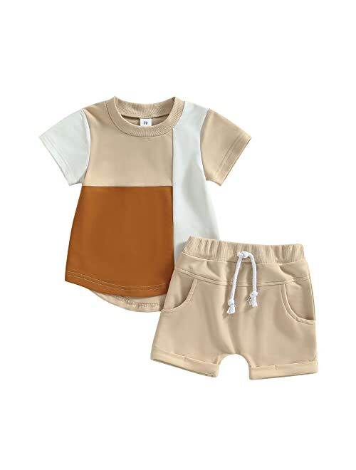 LIOMENGZI Infant Baby Boys Summer Color Block Clothes Sets Outfits Short T Shirt Elastic Striped Shorts Set Toddler Clothes