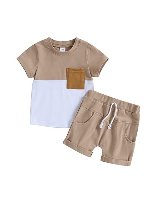 LIOMENGZI Infant Baby Boys Summer Color Block Clothes Sets Outfits Short T Shirt Elastic Striped Shorts Set Toddler Clothes