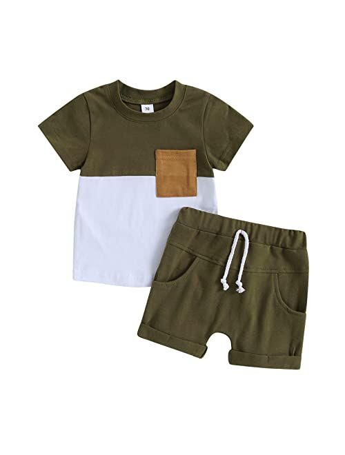 LIOMENGZI Infant Baby Boys Summer Color Block Clothes Sets Outfits Short T Shirt Elastic Striped Shorts Set Toddler Clothes