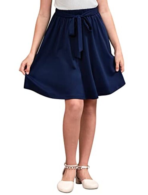 GORLYA Girls Tie Belt High Waist Flowy A-Line Flared Skater Midi Skirt with Pockets for 4-14T