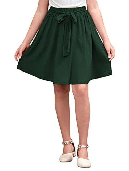 GORLYA Girls Tie Belt High Waist Flowy A-Line Flared Skater Midi Skirt with Pockets for 4-14T