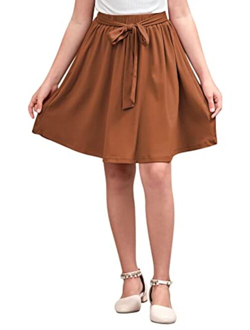 GORLYA Girls Tie Belt High Waist Flowy A-Line Flared Skater Midi Skirt with Pockets for 4-14T