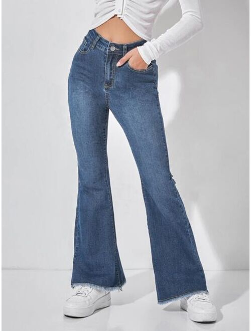 SHEIN PETITE High Waist Raw Hem Flare Leg Jeans