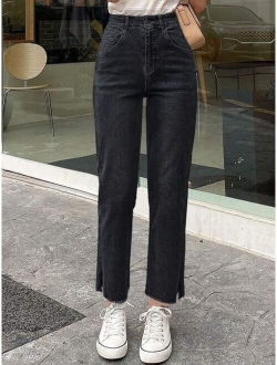 High Waist Split Raw Hem Straight Leg Jeans