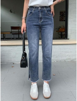 High Waist Split Raw Hem Straight Leg Jeans