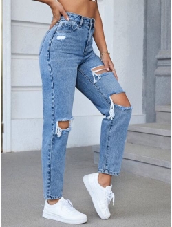 EZwear High Waist Ripped Tapered Jeans Without Belt