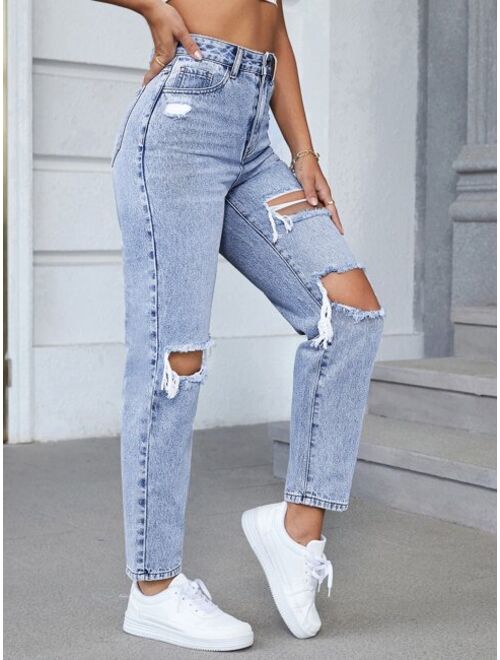 SHEIN EZwear High Waist Ripped Tapered Jeans Without Belt