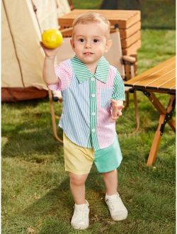 Baby Boy Striped Print Colorblock Shirt & Shorts Without Tee