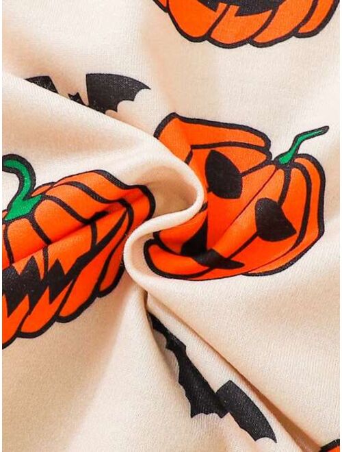 SHEIN Baby Boys Casual Pumpkin Print Halloween Long Sleeve Sweatshirt With Round Neck For Autumn And Winter