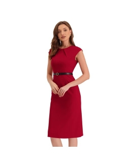 Elegant Office Dress for Women's Round Neck Cap Sleeve Belted Work Sheath Dresses